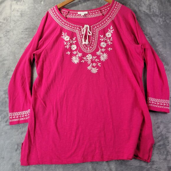 Charter Club Womens Top L Pink Embroidered Boho Tunic Peasant Lagen look Vibe - Picture 1 of 10